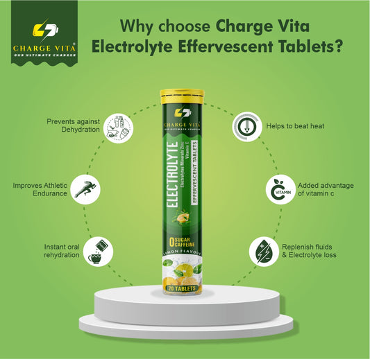 Charge Vita Electrolyte Effervescent Tablets packaging with benefits on a green background