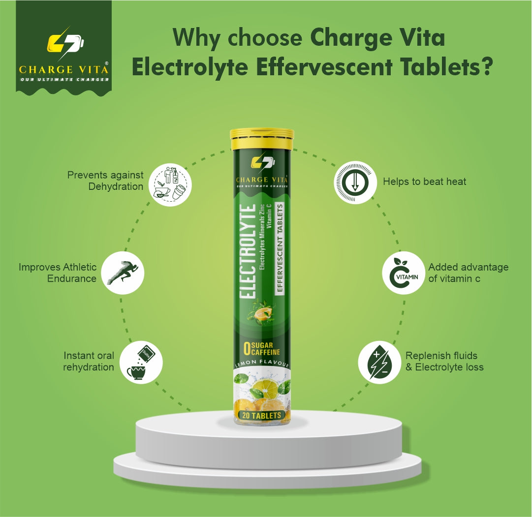 Charge Vita Electrolyte Effervescent Tablets packaging with benefits on a green background