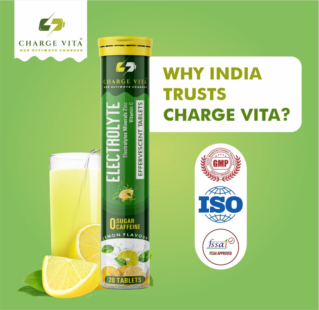 Charge Vita electrolyte tablet packaging with lemon slices on a green background, featuring certification logos.